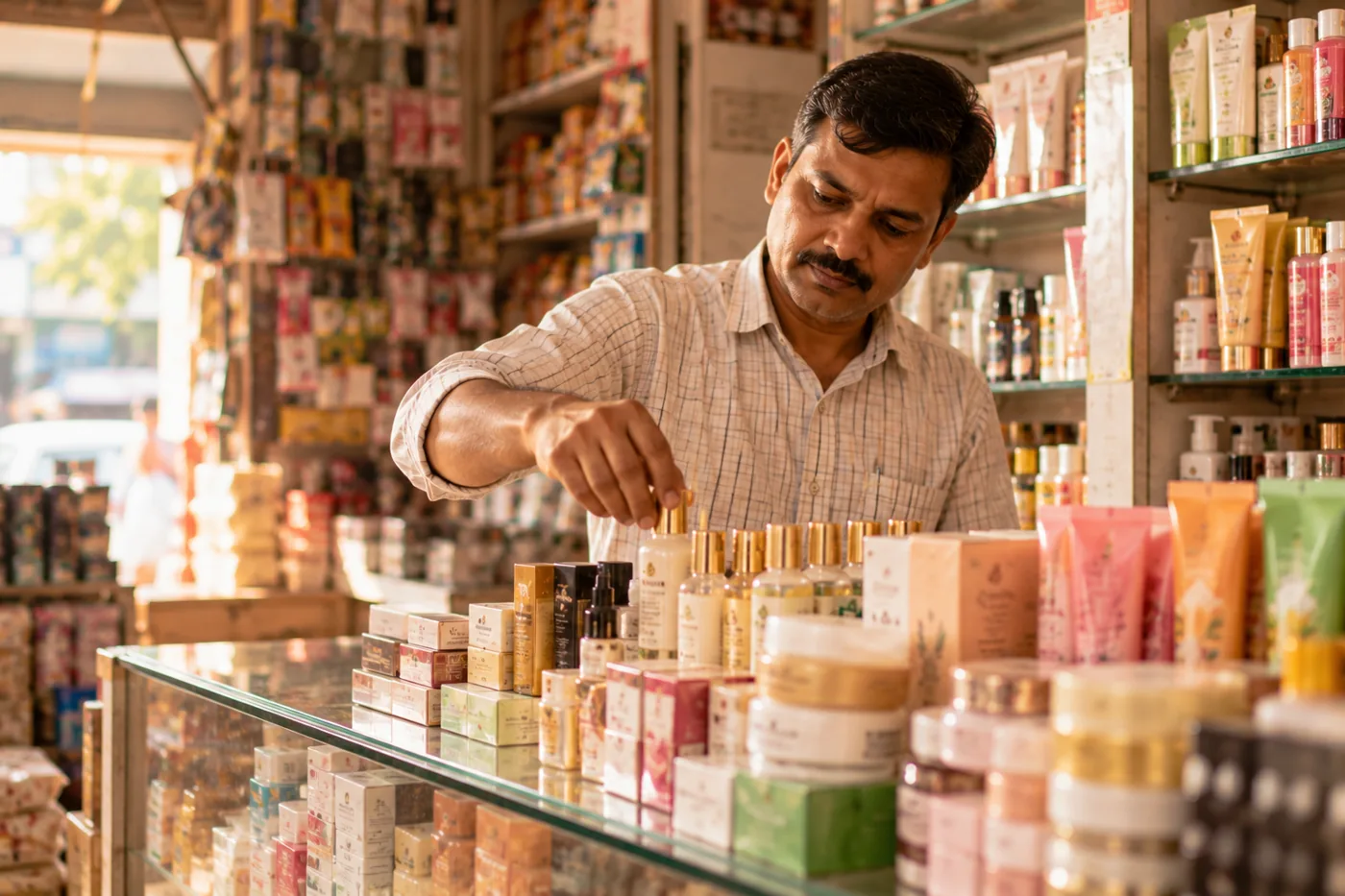 Cosmetics on display at a retail counter