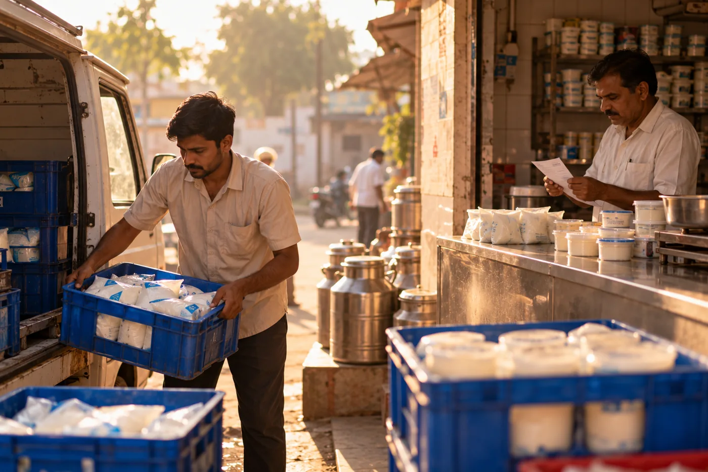 Milk crates being delivered to a neighbourhood dairy shop