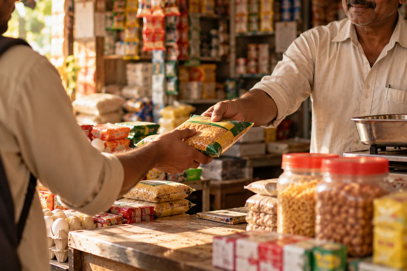 Packed shelves in an Indian kirana store