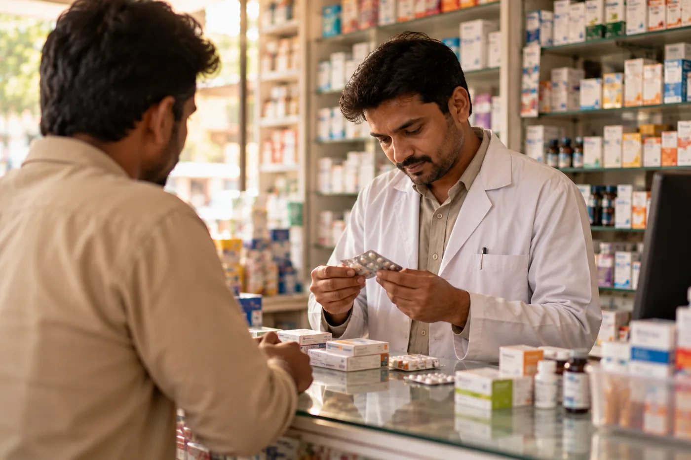 Medicine shelves in an Indian chemist shop
