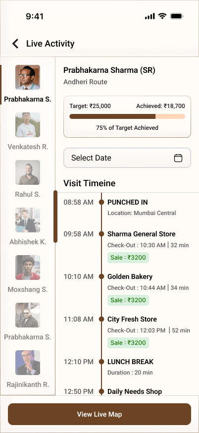 Live Activity screen with a rep's visit timeline for the day