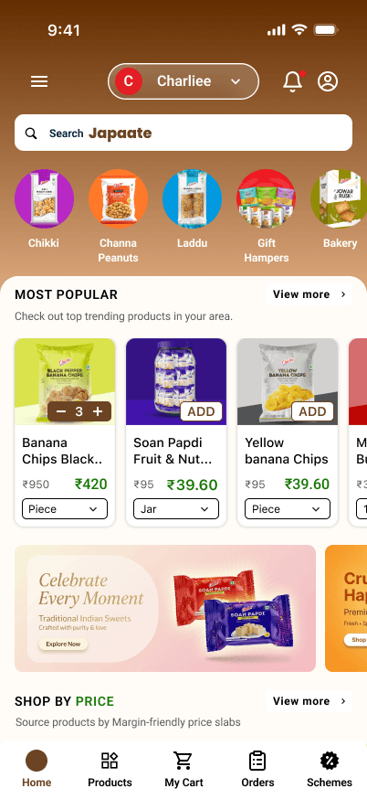 Retailer App home with popular products and offers