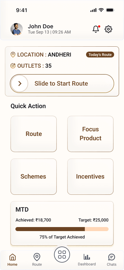 Salesman App home: today's route, quick actions and month-to-date target